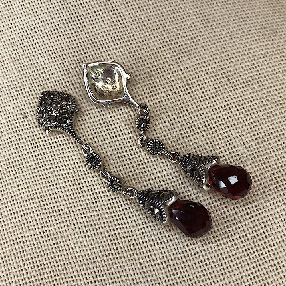 Vintage Red Garnet and Marcasite Long Drop Dangle Sterling Silver Earrings - Picture 5 of 14